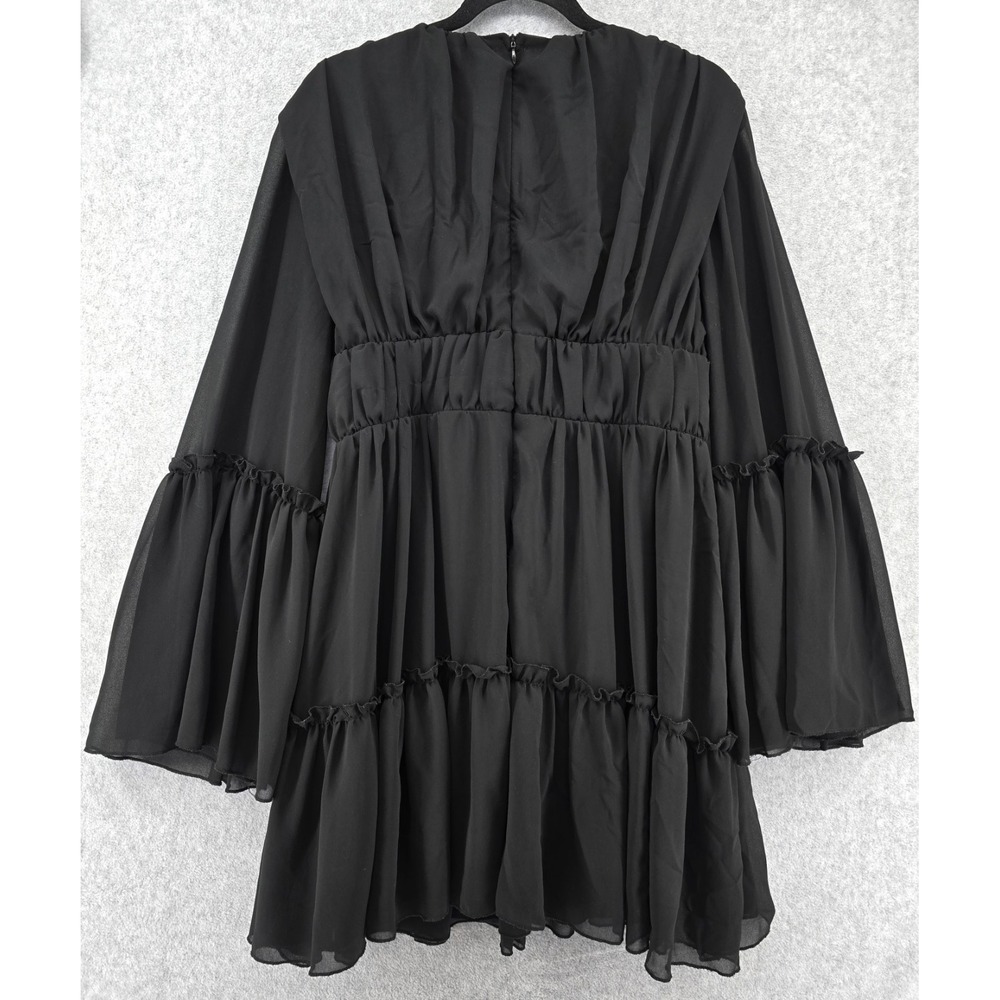 Black Chiffon Black Pleated Flowy Layered Mini Dress Sz L Deep Plunge Whimsigoth